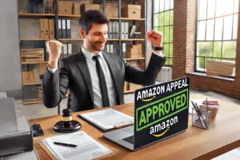 A professional Amazon seller reviewing a counterfeit suspension notice on their laptop screen while preparing an appeal.