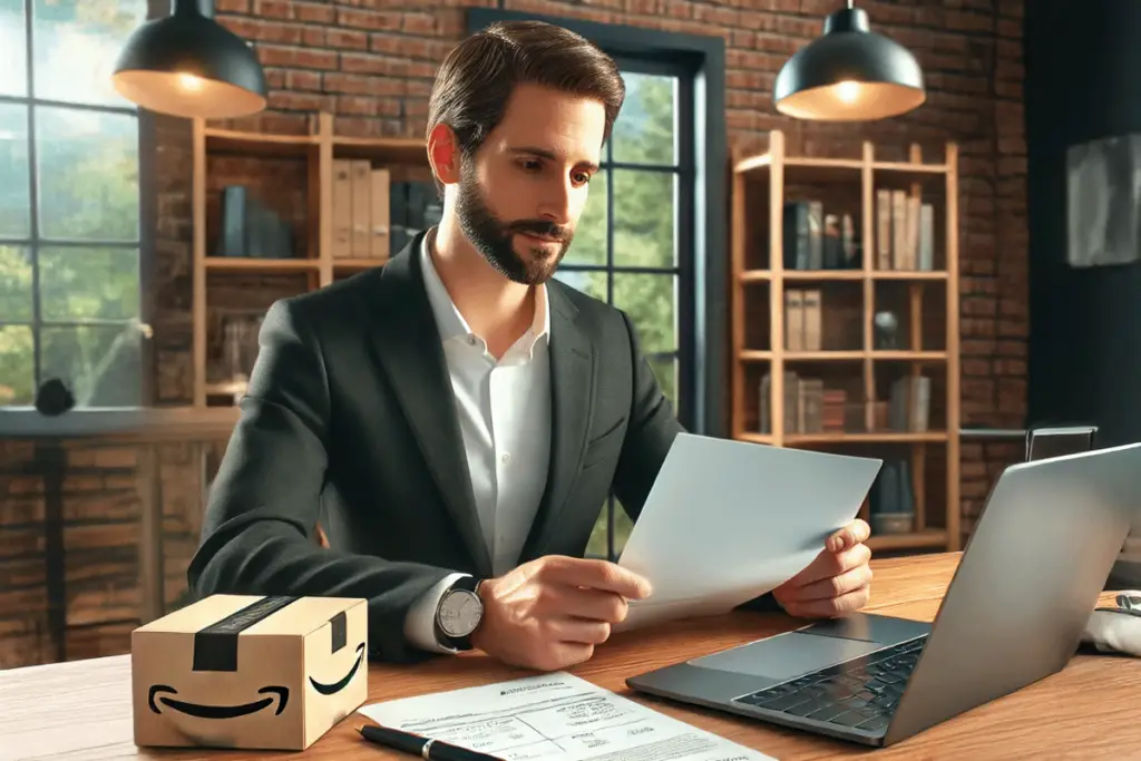 A professional Amazon seller celebrating after successfully reinstating their FBM privileges, raising their fists in victory while looking at a laptop screen displaying "Amazon FBM Reinstated."