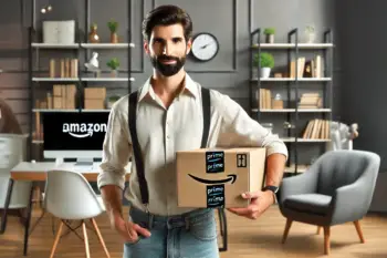 Amazon seller in casual clothing holding package, representing amazon legal services in a professional setting