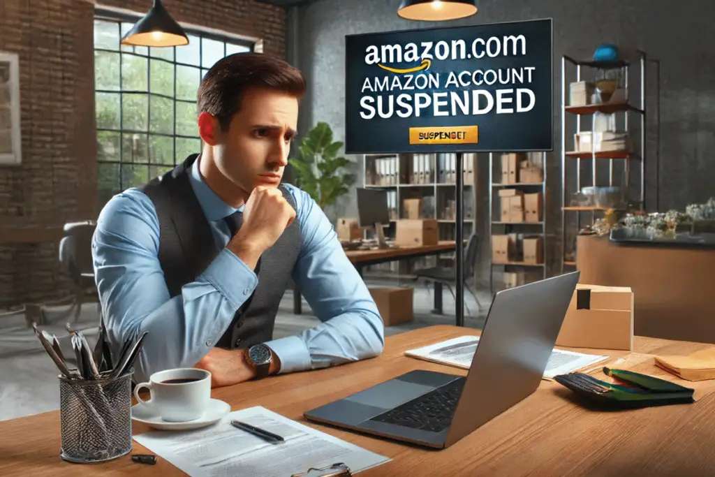 Amazon seller account suspended notification on laptop screen, illustrating account reinstatement process