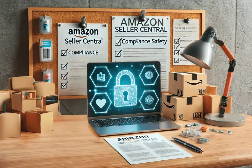 Desk with Amazon Seller Central laptop, compliance documents, and labeled products