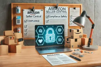 Desk with Amazon Seller Central laptop, compliance documents, and labeled products