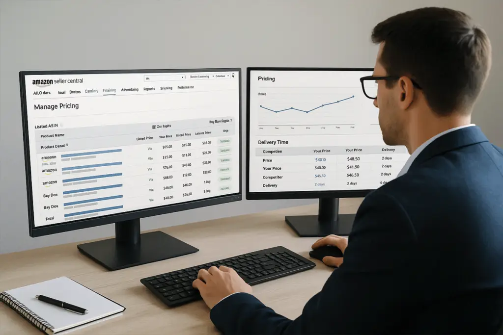 Seller analyzing Buy Box performance metrics and pricing data for Amazon algorithm updates