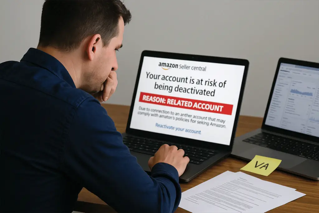 Seller reading related account Amazon suspension notice on laptop