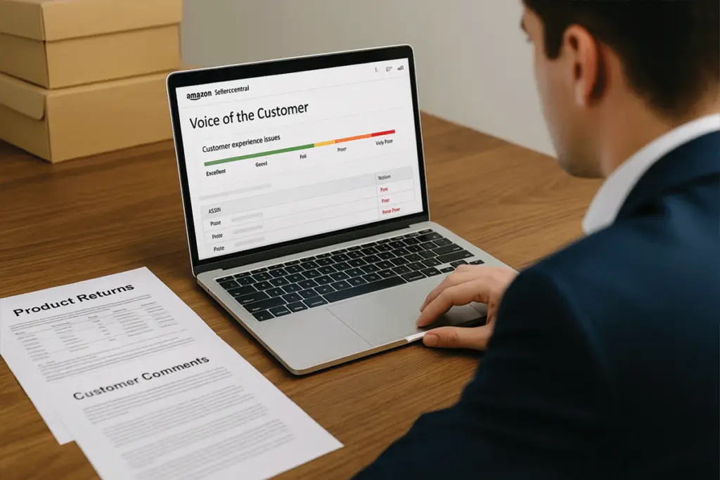 Seller analyzing Amazon Voice of the Customer score dashboard and feedback documents