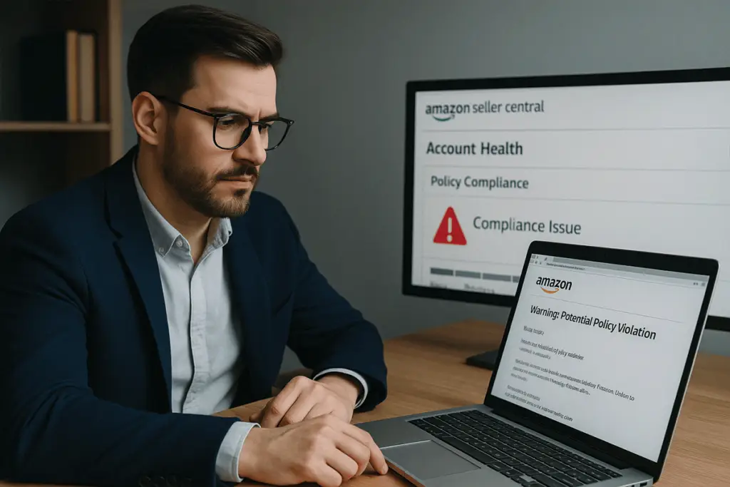 Seller reviewing Amazon policy warning notice in Seller Central