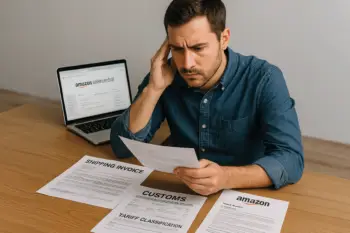 Amazon seller reviewing customs and shipping documents to avoid suspension from Trump-era tariff violations
