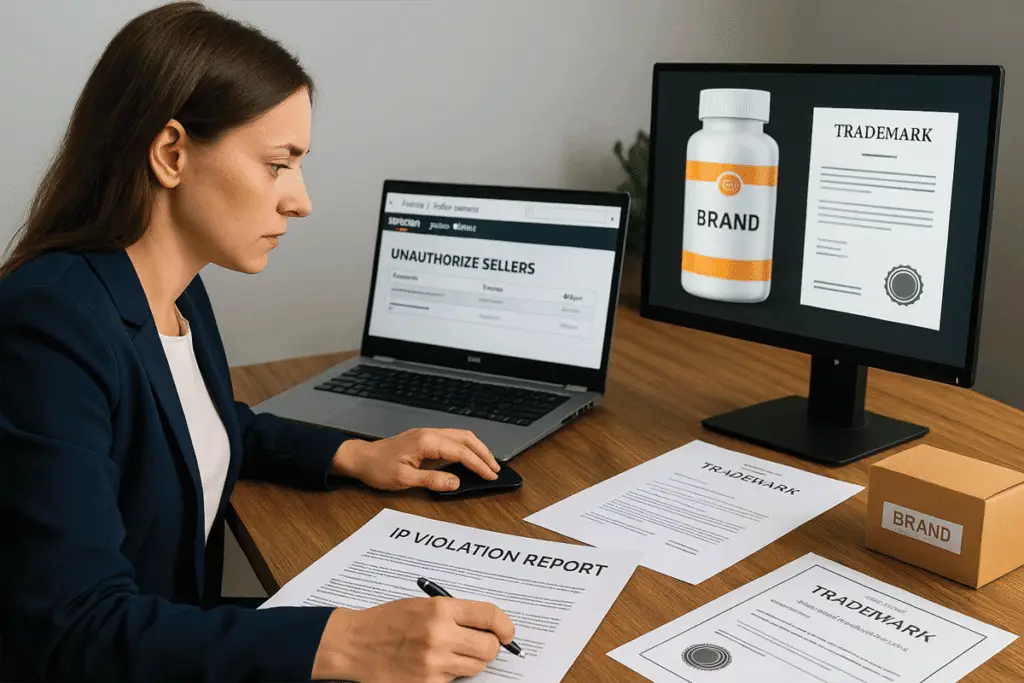 Amazon private label seller analyzing IP protection tools and brand registry dashboard