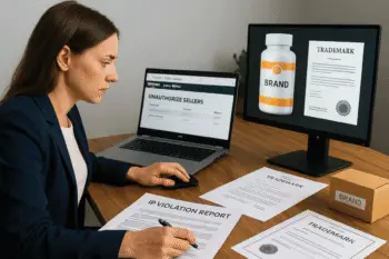 Amazon private label seller analyzing IP protection tools and brand registry dashboard