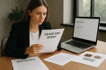 Amazon seller reading a C&D letter with supporting documents