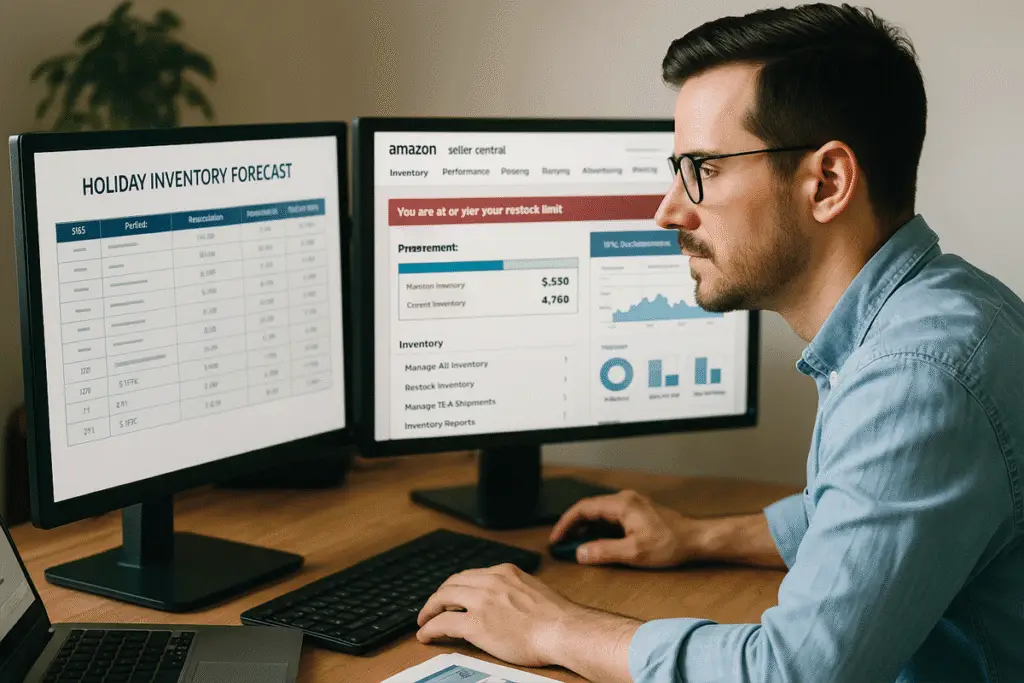 Seller reviewing inventory forecasts and fulfillment options for Q4 Amazon strategy in 2025