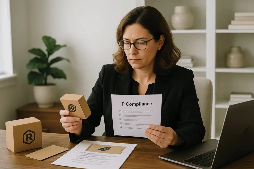 Seller reviewing product listings and supplier documentation to prevent Amazon IP complaints in 2025