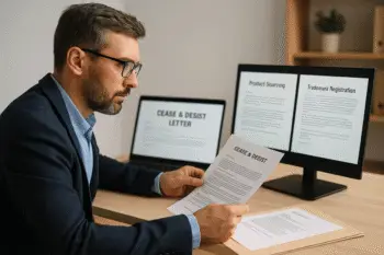 Experienced seller reviewing a C&D letter and product documentation to defend against IP enforcement on Amazon