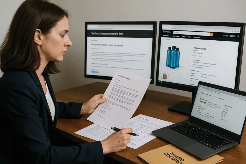 Seller checking IP complaint details with listing and sourcing documents open