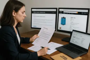 Seller checking IP complaint details with listing and sourcing documents open