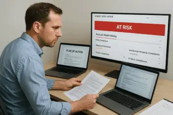 Seller checking Amazon Account Health dashboard with at-risk warning and policy violations