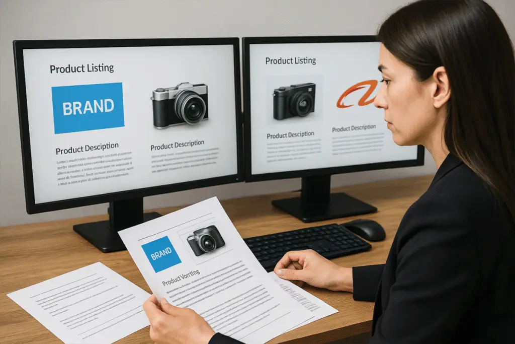 Seller comparing listings and content to avoid Amazon copyright violations in 2025