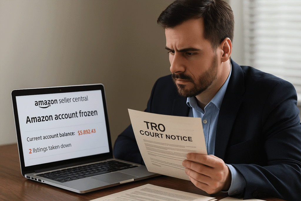 Amazon seller reviewing TRO notice after account freeze with legal documents and Seller Central open on screen