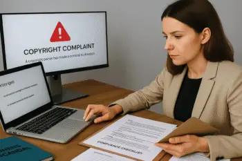 Amazon seller writing POA with copyright complaint and compliance materials on desk