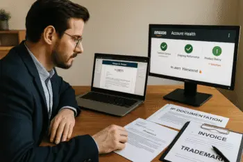 Seller examining Vorys IP complaint with legal documents and Seller Central open