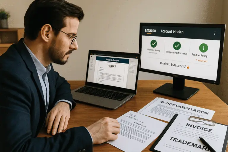 Seller examining Vorys IP complaint with legal documents and Seller Central open