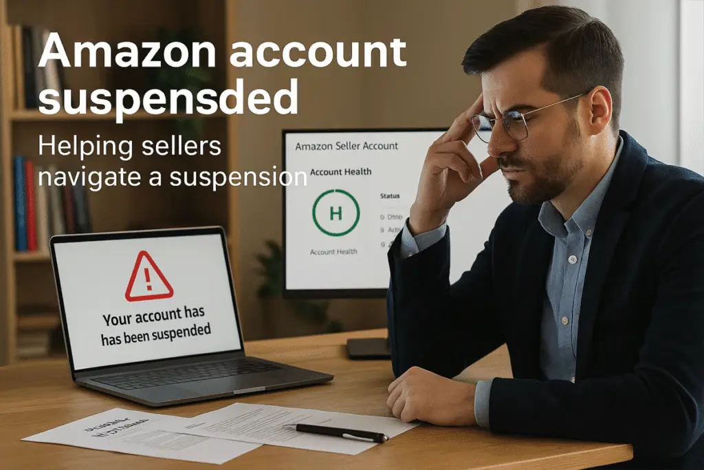 Amazon seller looking at a suspended account alert in Seller Central dashboard