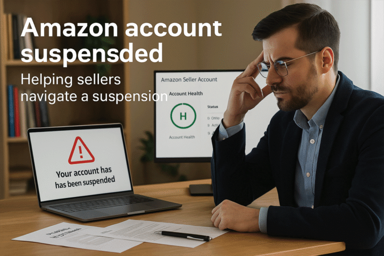 Amazon seller looking at a suspended account alert in Seller Central dashboard